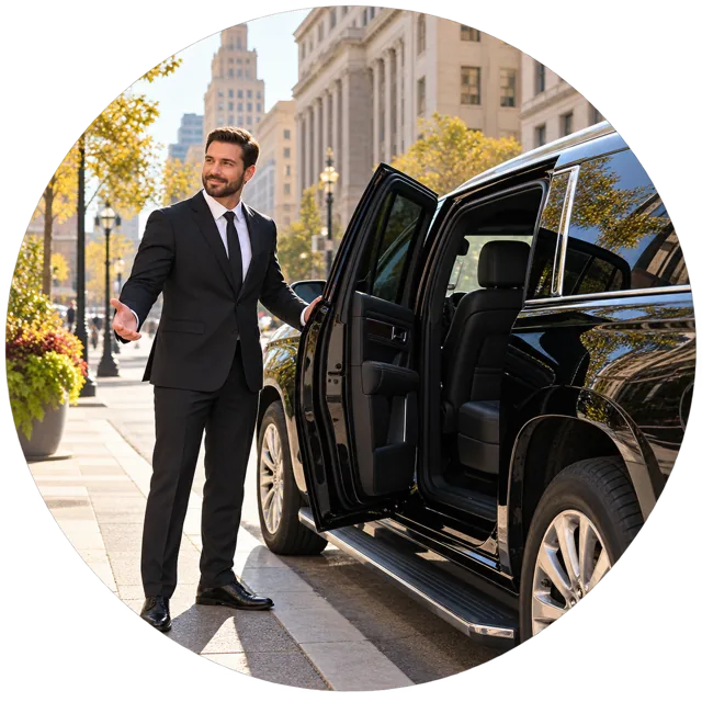 A chauffeur welcoming a passenger beside a black SUV.